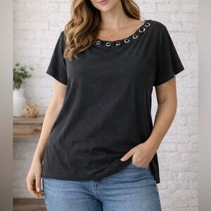 Rafaella Black Short Sleeve Top with Silver Grommet Neckline